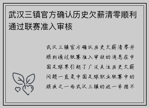 武汉三镇官方确认历史欠薪清零顺利通过联赛准入审核 武汉三镇官方确认历史欠薪清零顺利通过联赛准入审核